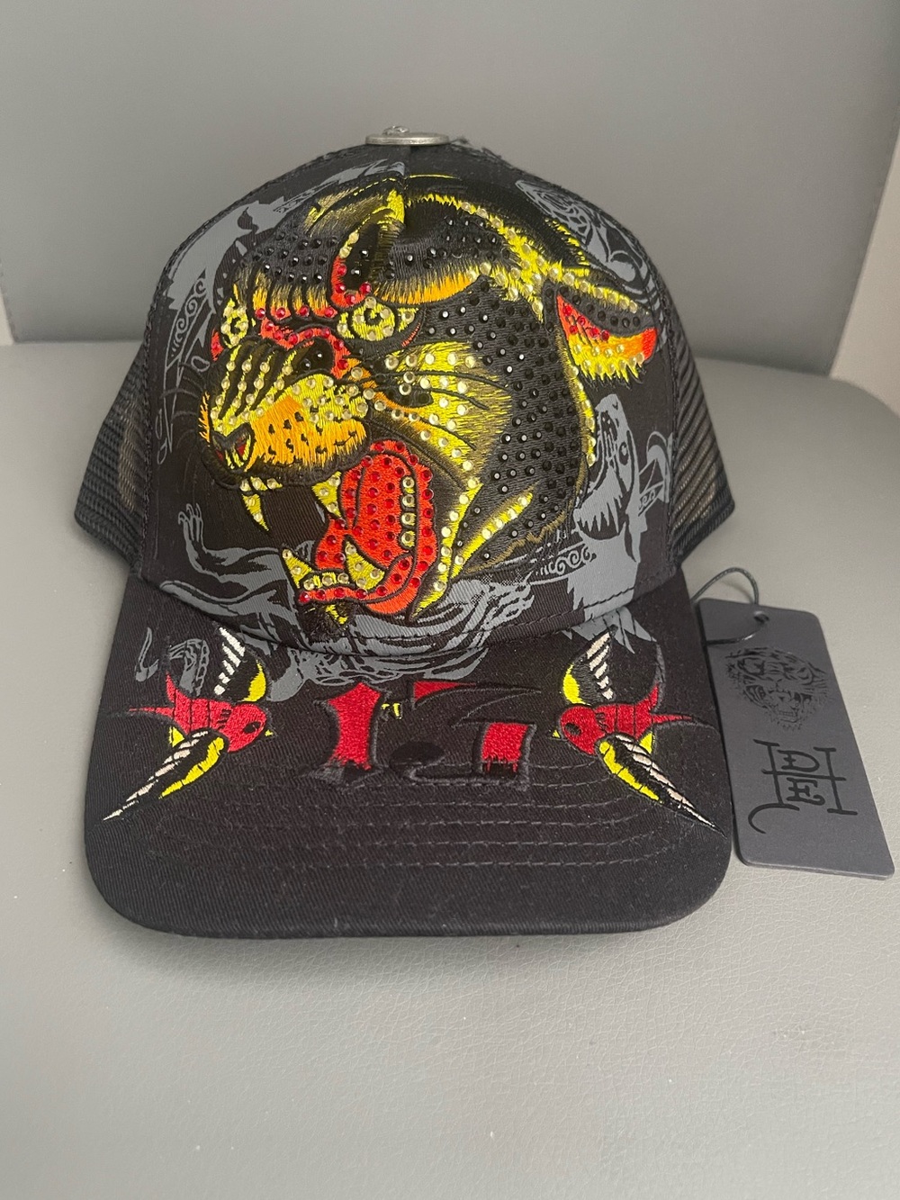 Ed Hardy Trucker Hat Embroidered Tattoo Panther Black Mesh Snapback Cap